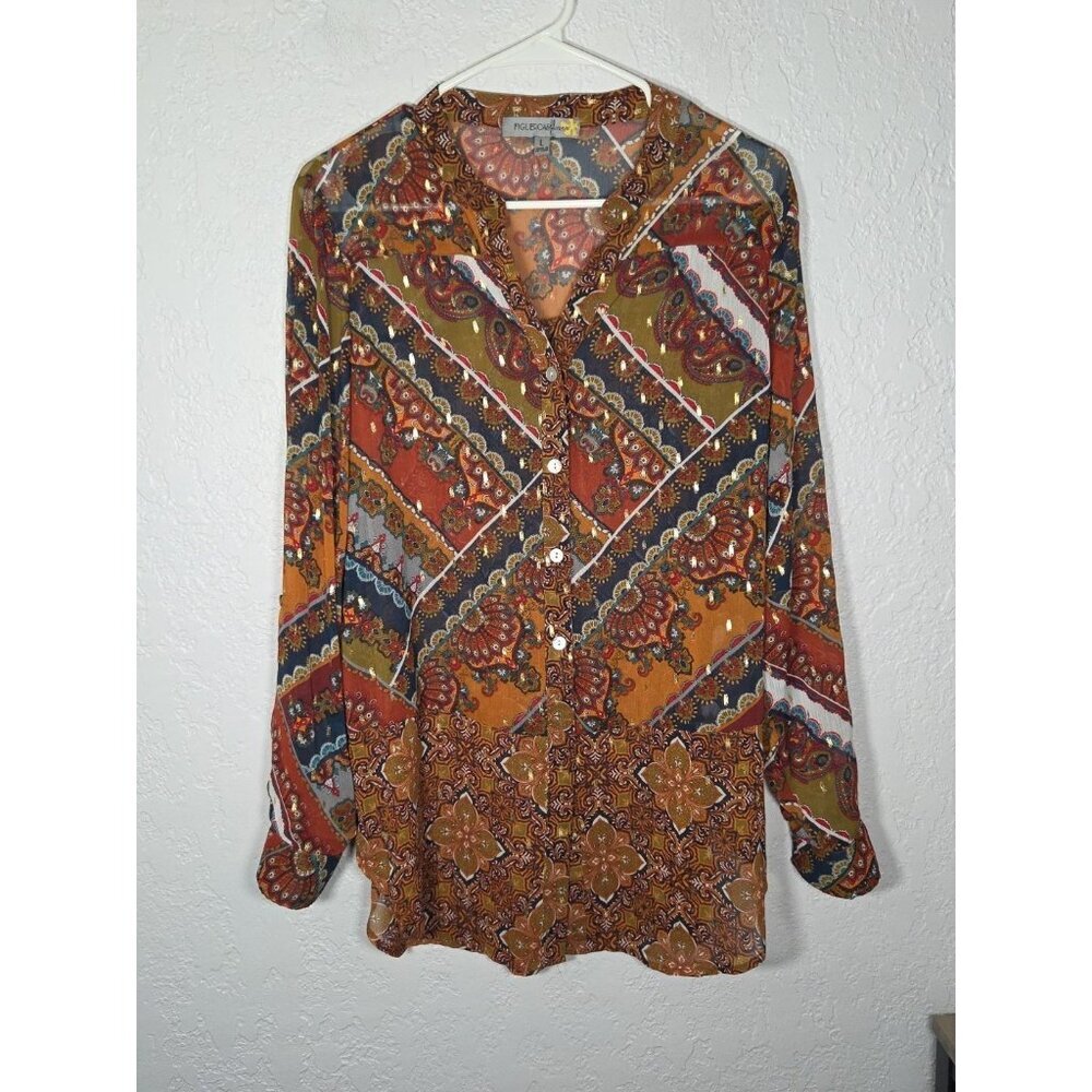 Women's Figueroa & Flower V Neck Brown Button Roll Tab Sleeve Sheer Bohemian L